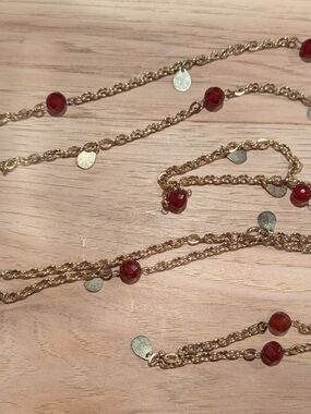 Goldtone Chain Necklace with Red Crystal Beads and Disc Charms With Earrings